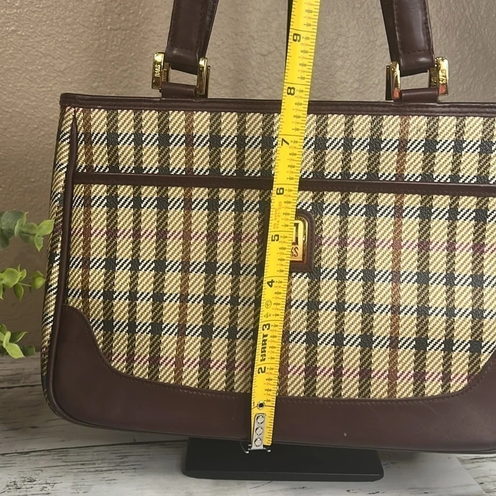 DAKS Vintage Plaid Structured Tote Satchel Burgundy Leather Trim